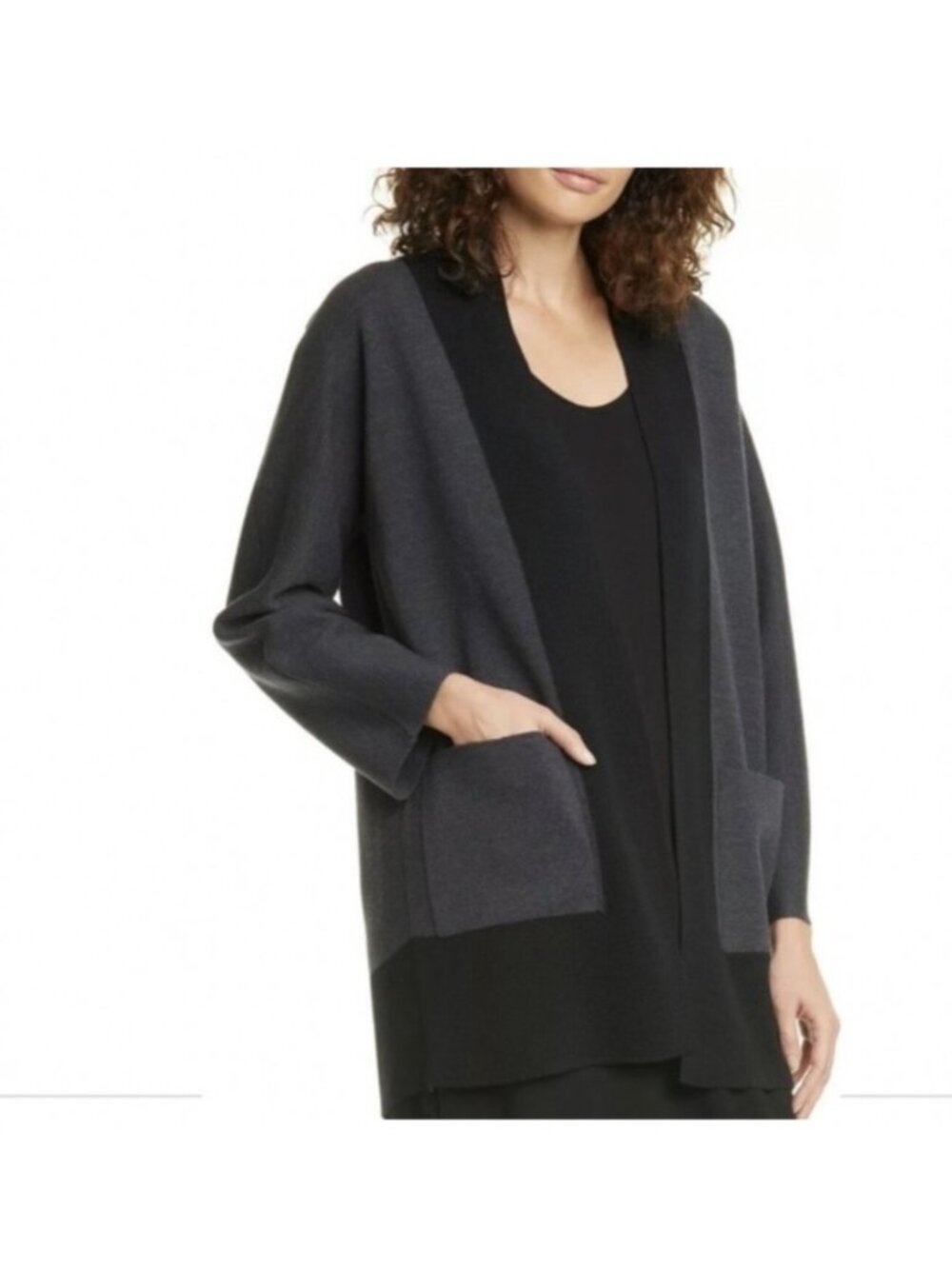 Eileen Fisher Charcoal & Black Extra Fine Merino Wool Open Front Cardigan XL